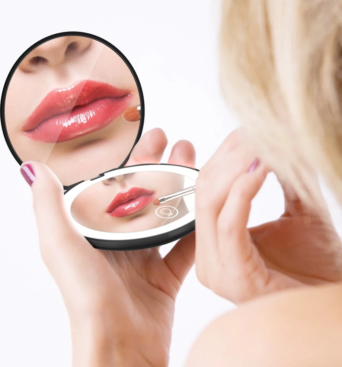 Led-verlichte Oplaadbare Compacte Make-up Spiegel Rond |1 X 2 X Vergroting | Make-upspiegel | Zakspiegel | Handspiegel | Reisspiegel | Dimbaar|als Cadeau | USB-lader | Rond | Zwart 9 Led-verlichte Oplaadbare Compacte Make-up Spiegel Rond |1 X 2 X Vergroting | Make-upspiegel | Zakspiegel | Handspiegel | Reisspiegel | Dimbaar|als Cadeau | USB-lader | Rond | Zwart - Afbeelding 7