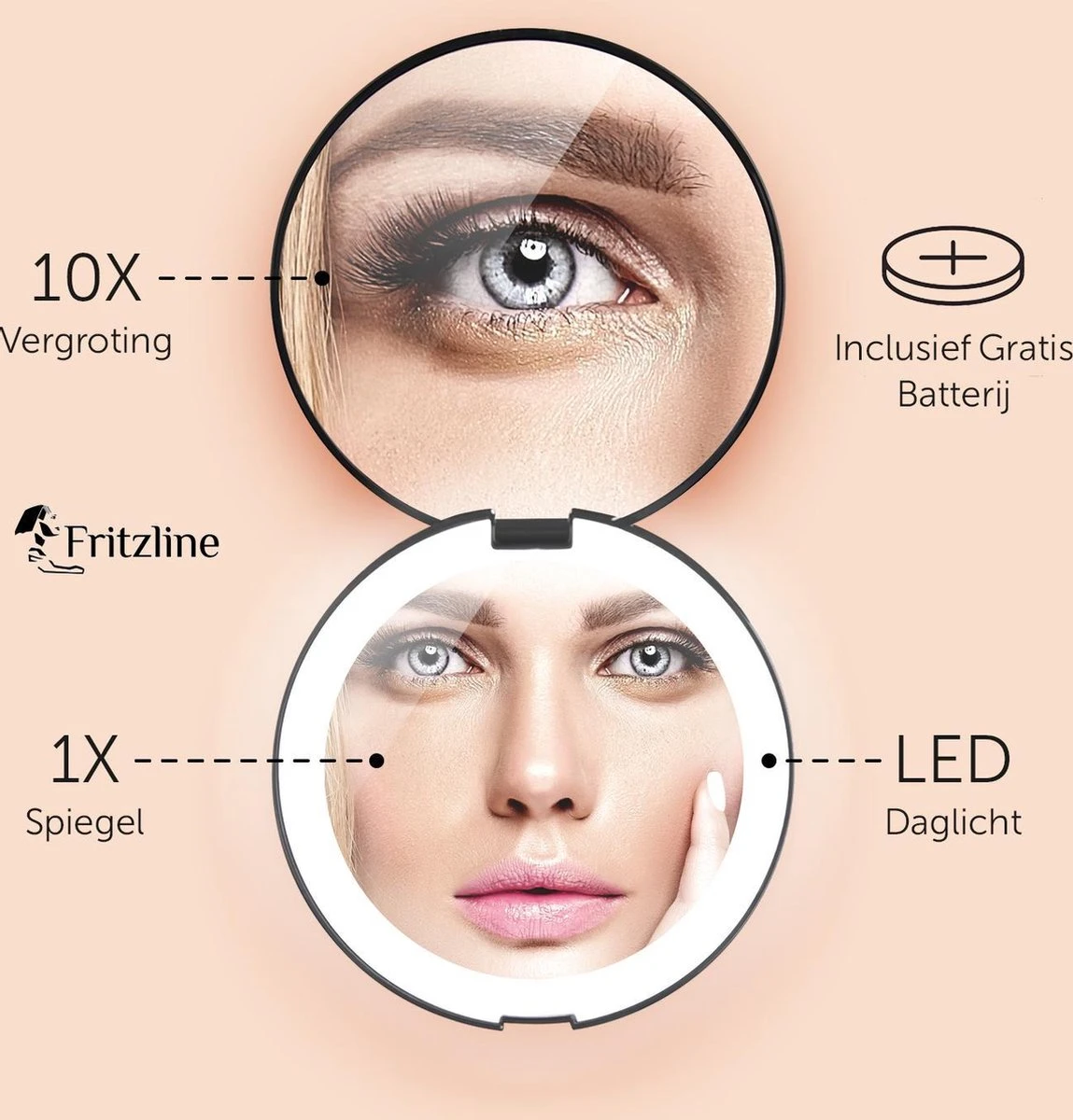 Fritzline© Make-up Spiegel | Compact | Tru-Daylight LED Verlichting | 10x Vergroting | Rond 4 Fritzline© Make-up Spiegel | Compact | Tru-Daylight LED Verlichting | 10x Vergroting | Rond - Afbeelding 2