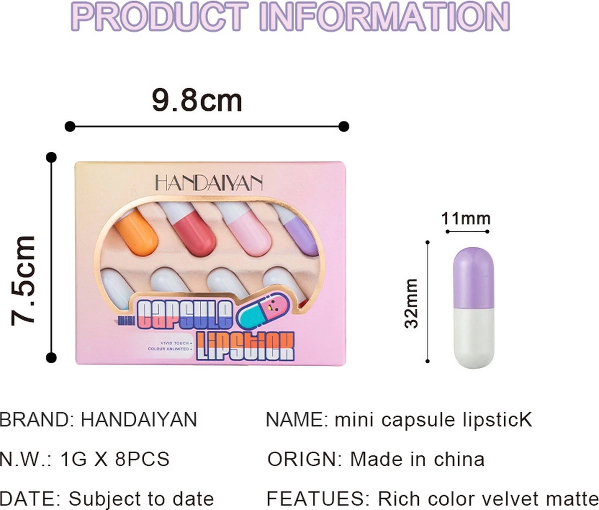 HANDAIYAN Mini Pil Lipgloss Capsule Lippenstift Lippenstift Voorbeeld 8 Kleurenset 3 HANDAIYAN Mini Pil Lipgloss Capsule Lippenstift Lippenstift Voorbeeld 8 Kleurenset