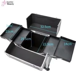 Kapper Koffer| Nagel | Visagist | Make-up | Cosmetica | Schminken | Trolley Stevig En Gemaakt Van Aluminium | 3 Delig | 8 Wielen | Bedekt Met Mooie Zilver Strips -Cosmetica Promotiewinkel 1200x1124 2