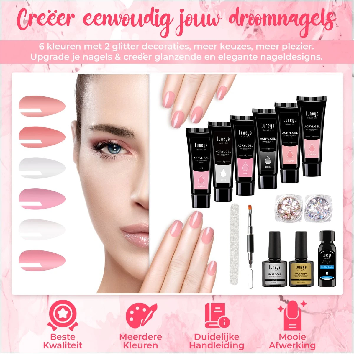 Luneya Polygel Kit - 6 Kleuren - Polygel Nagels Starterspakket - Tasje - Incl. UV LED Lamp 5 Luneya Polygel Kit - 6 Kleuren - Polygel Nagels Starterspakket - Tasje - Incl. UV LED Lamp - Afbeelding 3