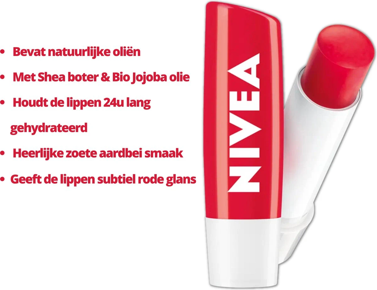 Nivea - Labello Strawberry Shine Lippenbalsem - 5,5 Ml Stick - Lipbalsem - Lipbalm - Lipverzorging - Verrijkt Met Shea Boter En Bio Jojoba Olie 4 Nivea - Labello Strawberry Shine Lippenbalsem - 5,5 Ml Stick - Lipbalsem - Lipbalm - Lipverzorging - Verrijkt Met Shea Boter En Bio Jojoba Olie - Afbeelding 2