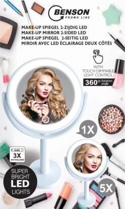 Benson Make Up Spiegel Met LED Ring - Cosmetische Spiegels Met Touch Dimmer - 2 Zijde -Cosmetica Promotiewinkel 721x1200