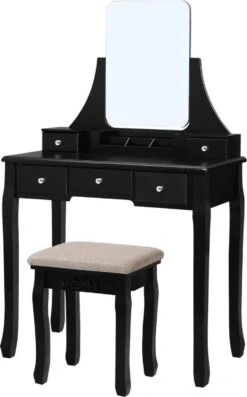 Merkloos Kaptafel, Kaptafel Met Grote Spiegel Zonder Frame, Toilettafel, Kaptafel, Voor Make-up, Gewatteerde Kruk, 5 Laden, Verplaatsbare Opbergdoos, Zwart RDT25BK -Cosmetica Promotiewinkel 747x1200