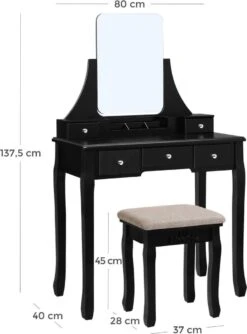 Merkloos Kaptafel, Kaptafel Met Grote Spiegel Zonder Frame, Toilettafel, Kaptafel, Voor Make-up, Gewatteerde Kruk, 5 Laden, Verplaatsbare Opbergdoos, Zwart RDT25BK -Cosmetica Promotiewinkel 888x1200 3